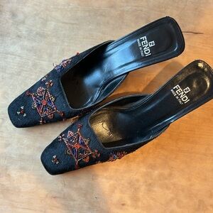 Fendi Ponyhair Beaded Black Mule Pumps